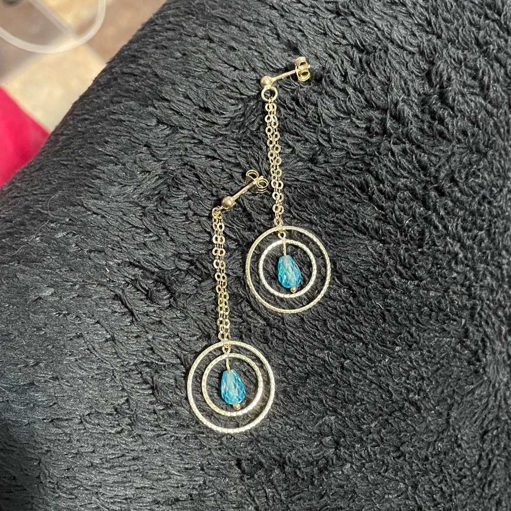Earrings, 10kt Italian
Blue Topaz, Briolette shape, double hoop Dangle Earrings